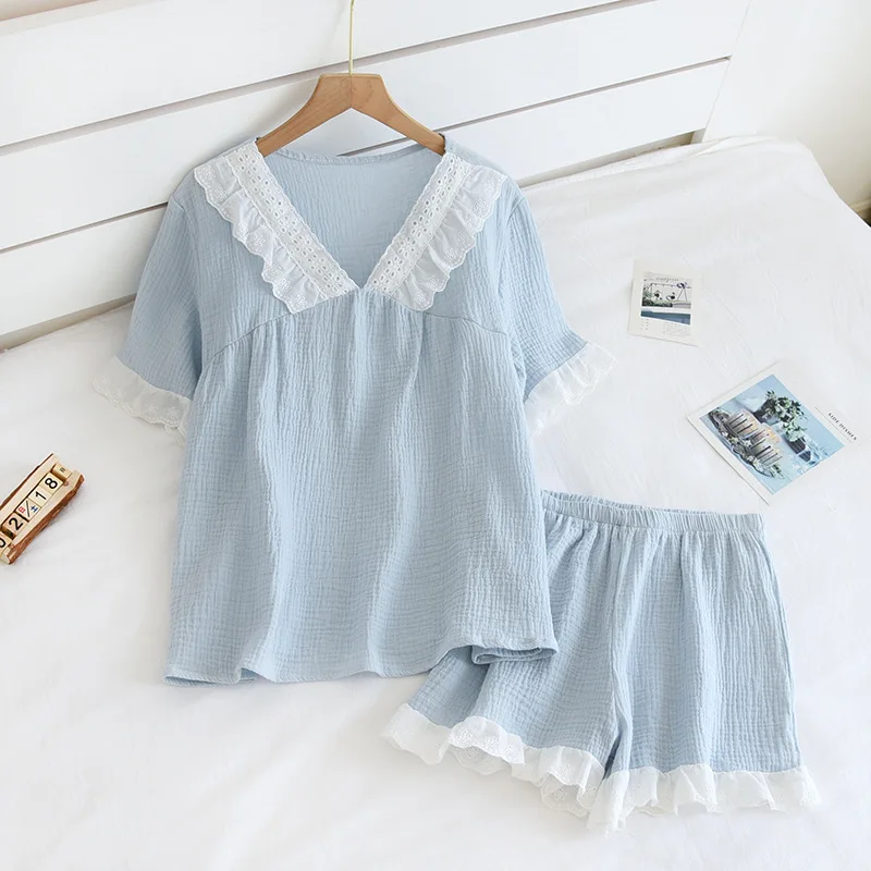 Summer 100% Cotton Gauze Japanese Ins Style Pajamas for Women Short-sleeved Shorts Thin Two Piece Set V-Neck Solid Home Clothes