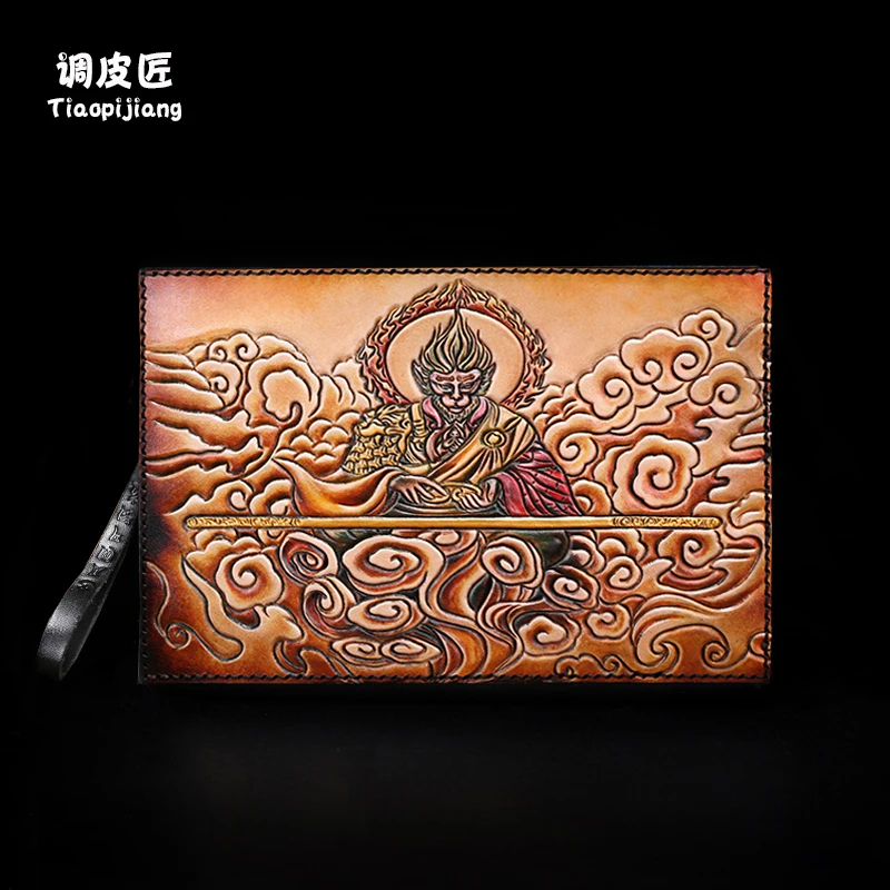 ★personalized leisure clip bag hand grab bag manual leather carving bucket defeats the trend of Buddha's hand bag