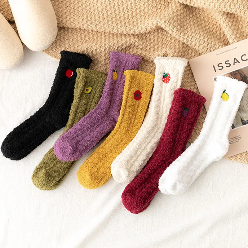 

Women Plush Coral Fleece Socks Cute Cartoon Fruits Avocado Lemon Mid Tube Socks Winter Thick Warm Sleeping Floor Sleep Socks