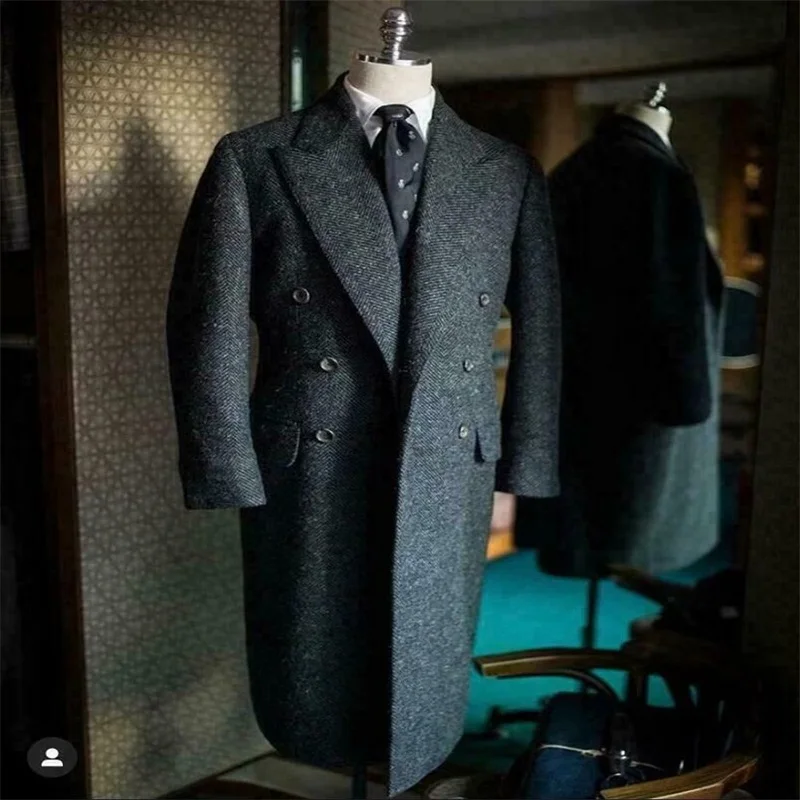 Herringbone Men Suits Black Wool Thick Fashion Custom Made Long Men Coat Winter Lapel Fashion Business Jacket Cheap