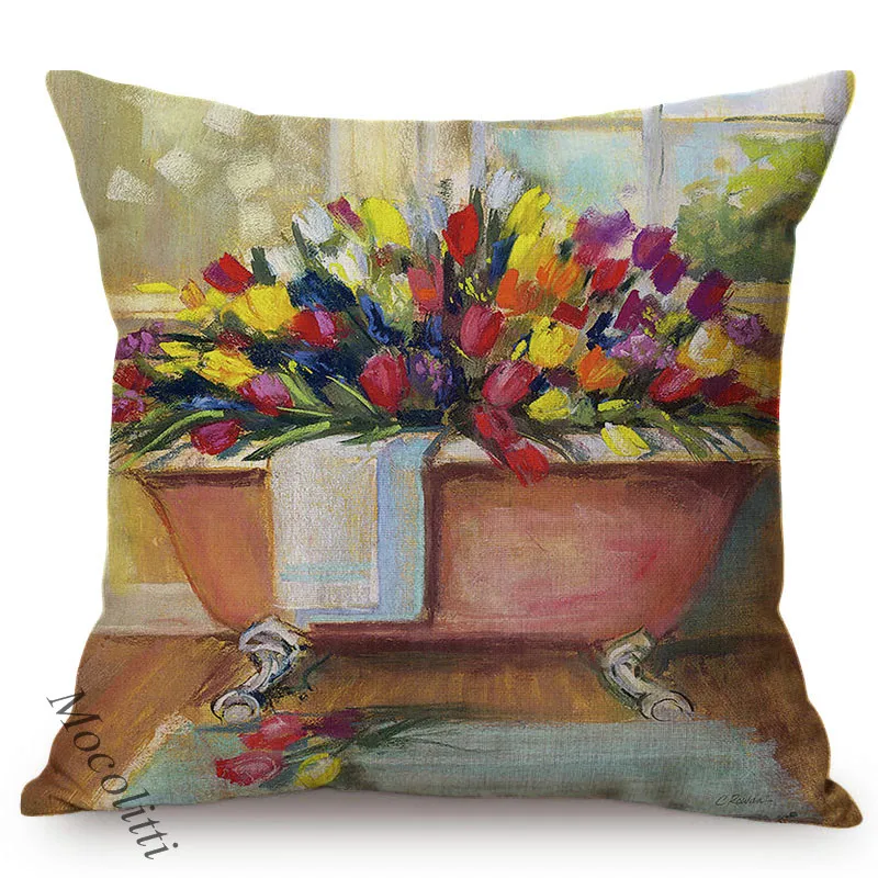 Victorian Bathtub Bouquet Oil Painting Art Home Decoration Sofa Throw Pillows Cover Cotton Linen Classic Bedroom Cushion Cover