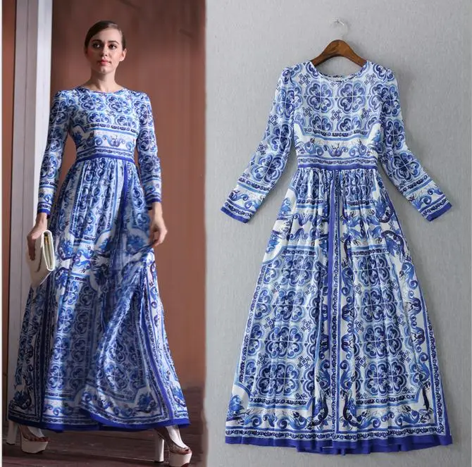 

HIGH QUALITY New Nice Fashion Women Long Sleeve Vintage Blue And White Print Dress Brand Maxi Dress