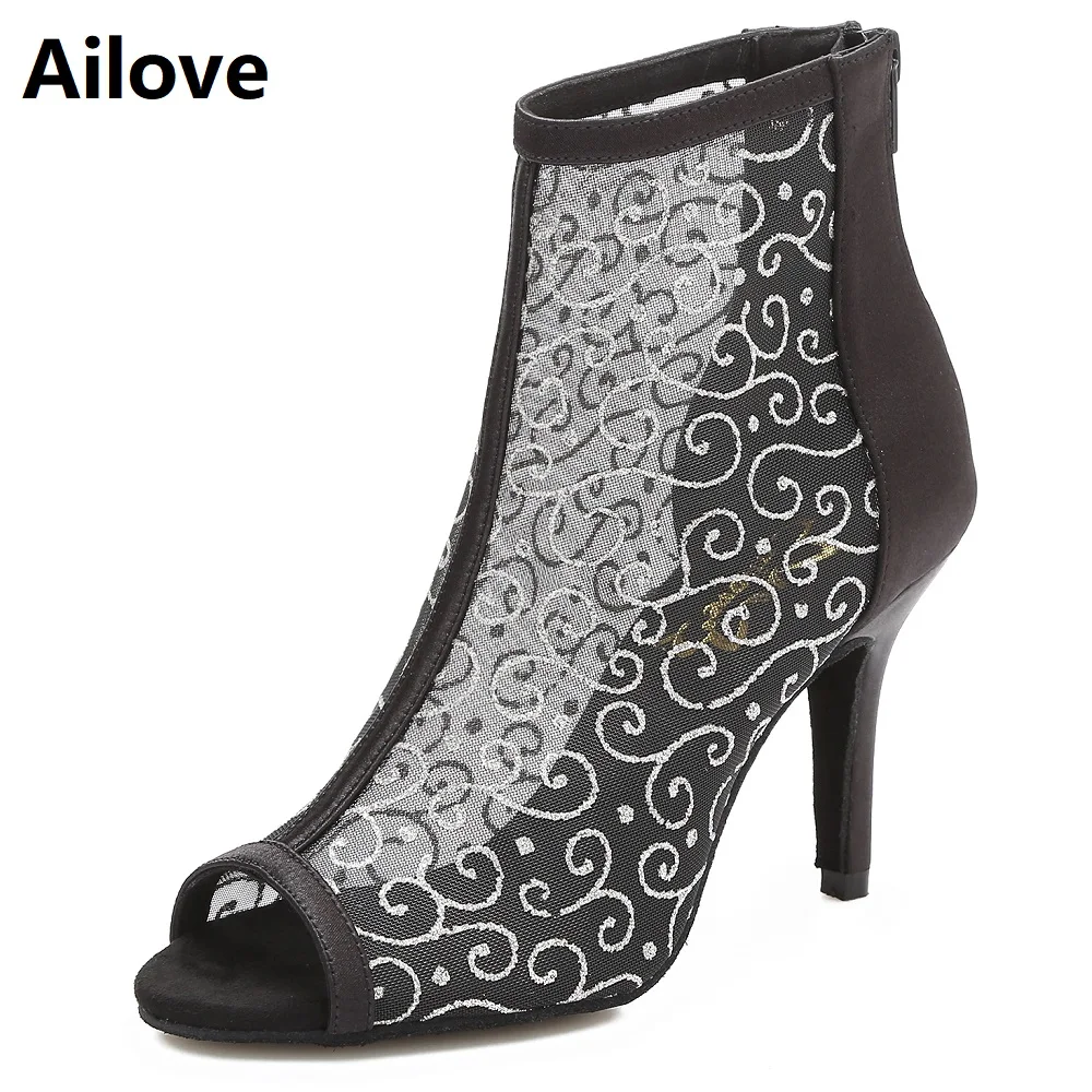 Ailove Women`s Social Ballroom Latin Salsa Dance Boots Print Air-mesh Party Dancing Shoes with Black Satin Back Heel Sandal S057