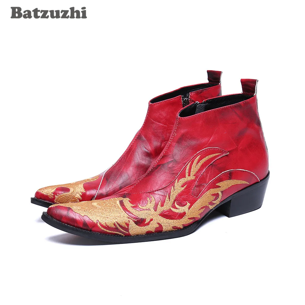 

Batzuzhi 6.5cm Heels High Men Boots Shoes Fashion Handmade Leather Ankle Boots Men Red Party and Wedding Boots for Men Botas