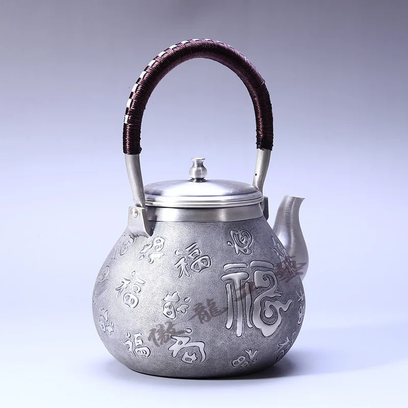 Teapot, kettle, hot water teapot, iron teapot, stainless steel kettle, tea bowl, 1100ml capacity, handmade S999 sterling silver