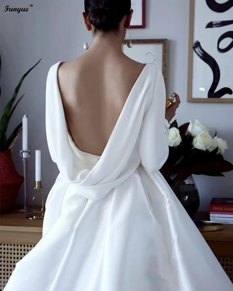 Customized Draped Back Church Wedding Dress Satin Long Sleeves Bridal Ball Gown Scoop Indoor Bride Dresses Robe De Mariée