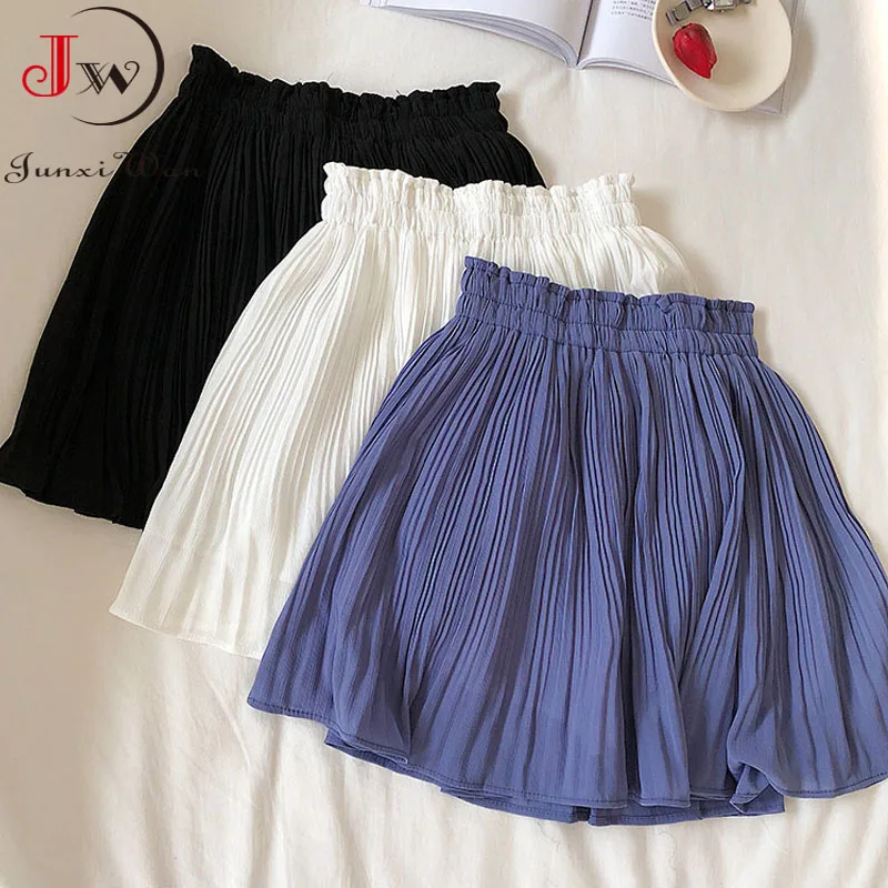 Solid Chiffon Summer Shorts Skirt Women Fashion Korean Elastic Waist Pleated Mini Skirt Casual Beach Faldas Saias