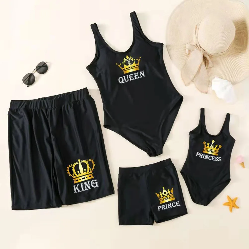 

Parent Child Swimsuit European and American Mother Daughter Swimsuit Black Letter Crown Bikini Dad Boys Beach Pants matching fam