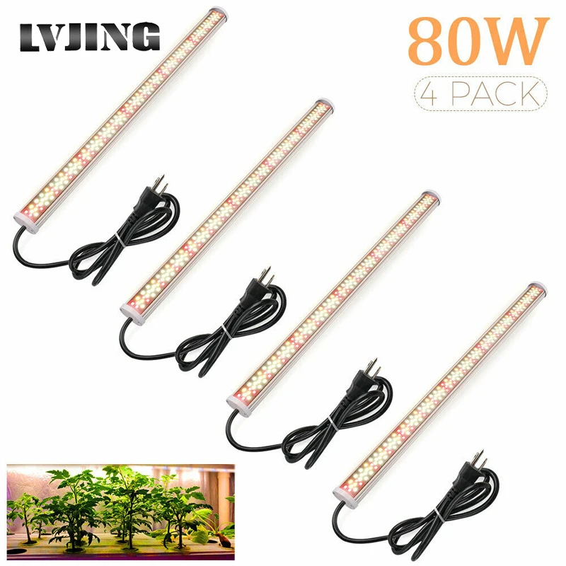 4pcs 80W Full Spectrum Led Grow Light Phyto lamp Tube Bar Led Strip for Indoor Greenhouse Plant Flower Veg Tent with Power Cord