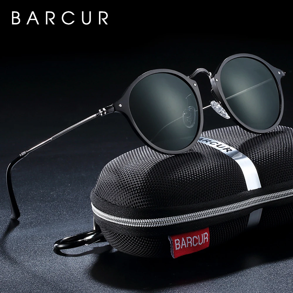 BARCUR New Vintage Sunglasses Round Aluminum Magnesium Male Sun glasses Female Retro Polarized oculos de sol