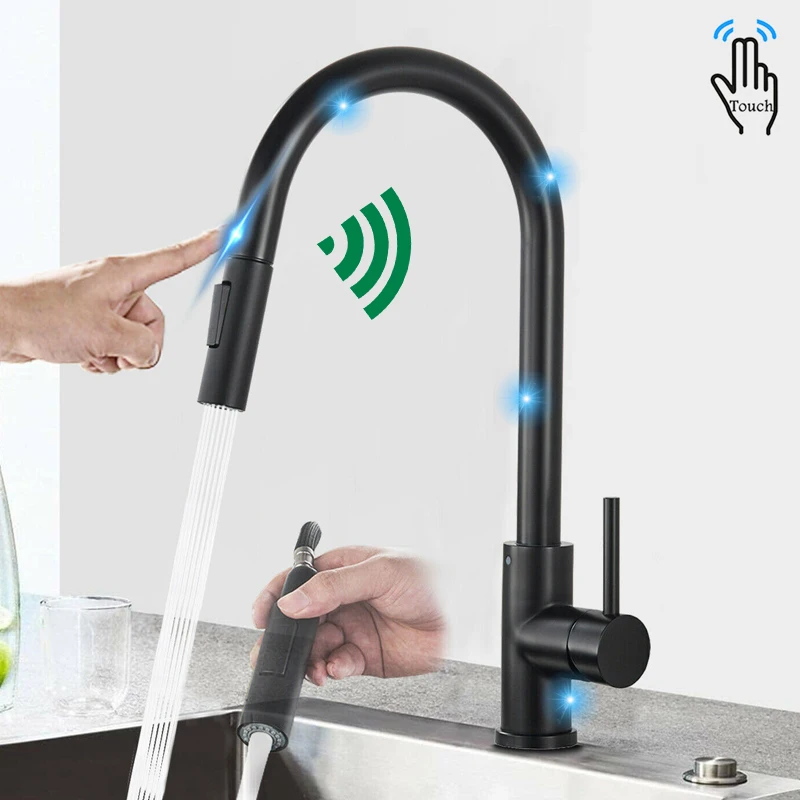 

Touch Sensor Faucet Kitchen Hot Cold Mixer Tap Sink Flexible Pull Out Crane Modern Luxury Black Grifo Intelligent Swivel Faucets
