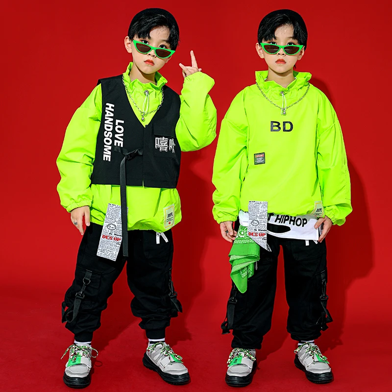 

Fluorescent Green Jacket Loose Pants Suit Jazz Performance Costumes Hip Hop Dance Clothng For Girls Festival Costumes DQS8299