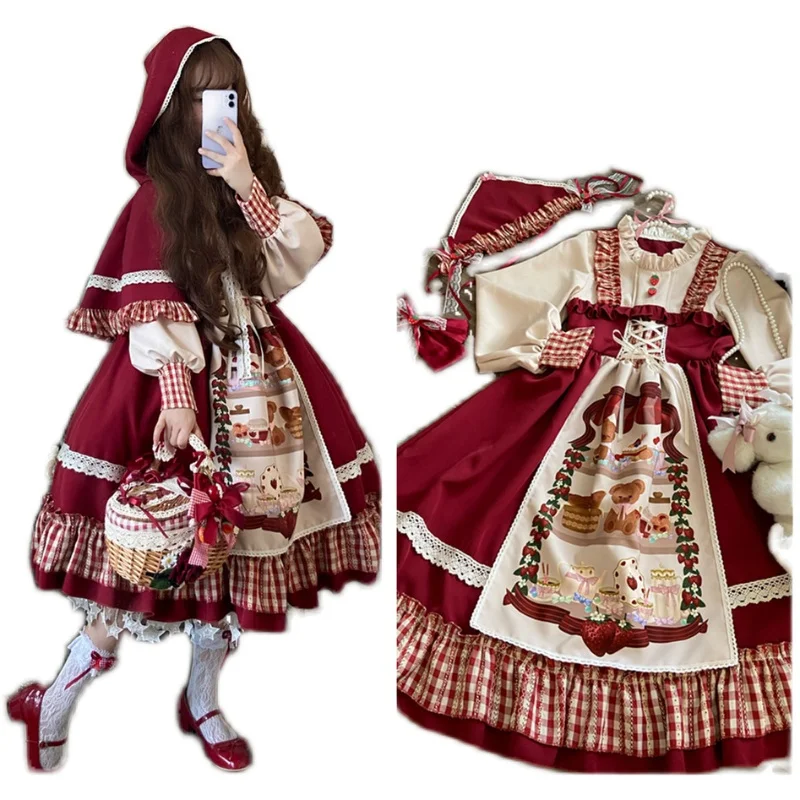 Prinzessin tee party süße lolita kleid vintage spitze bowknot hohe taille rot kleid mori mädchen gothic lolita op loli cosplay cos