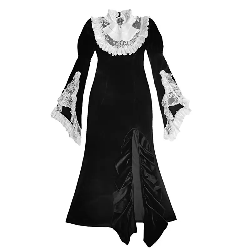 New Original Design Japanese Vintage Black Dress Lace Patch Turtleneck Trumpet Long Flare Sleeve Gothic Long Dress For Women