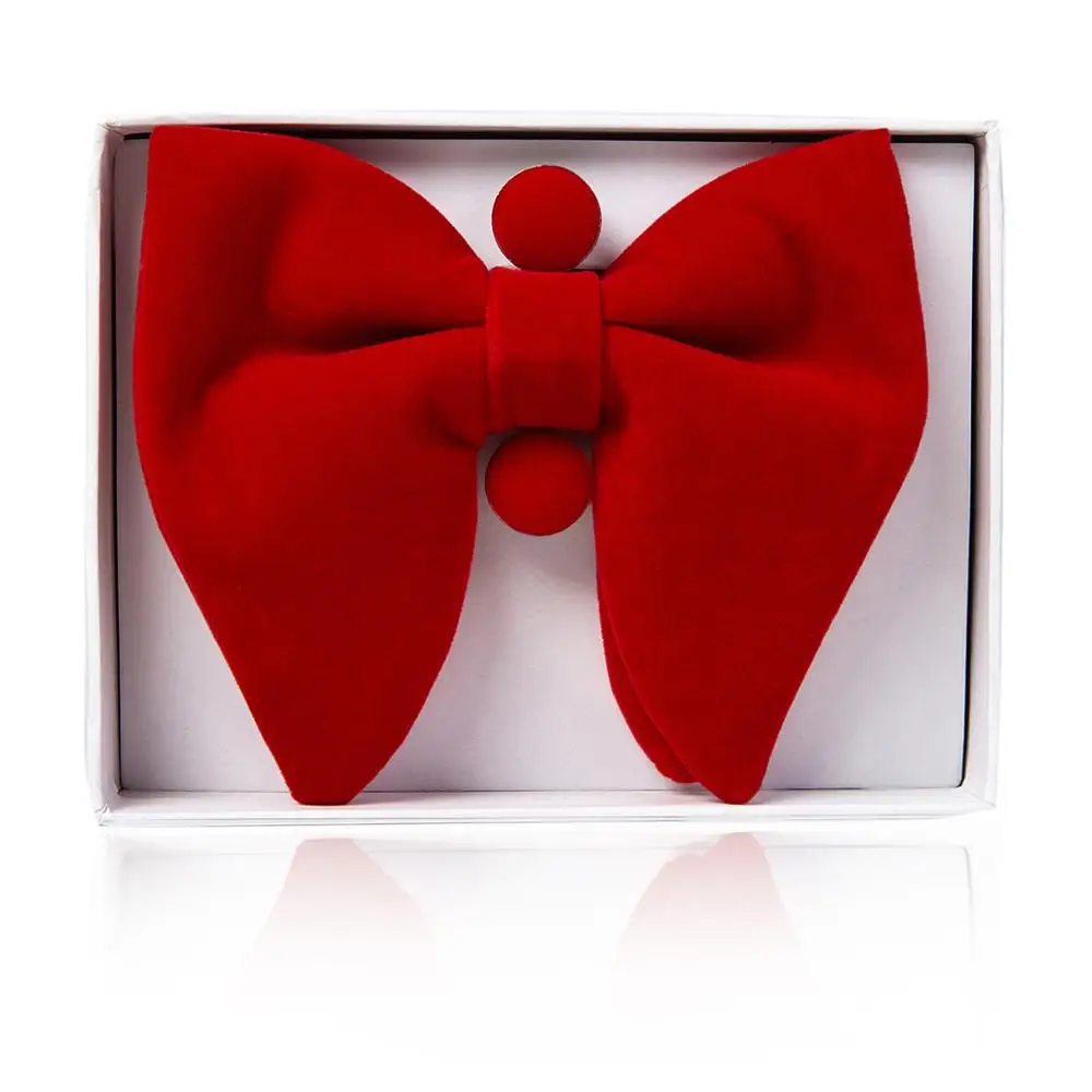 Ikepeibao Mens Pre-Tied Oversized Red Bow Tie Tuxedo Velvet Black Bowtie Cufflinks Hankerchief Sets White Gift Box