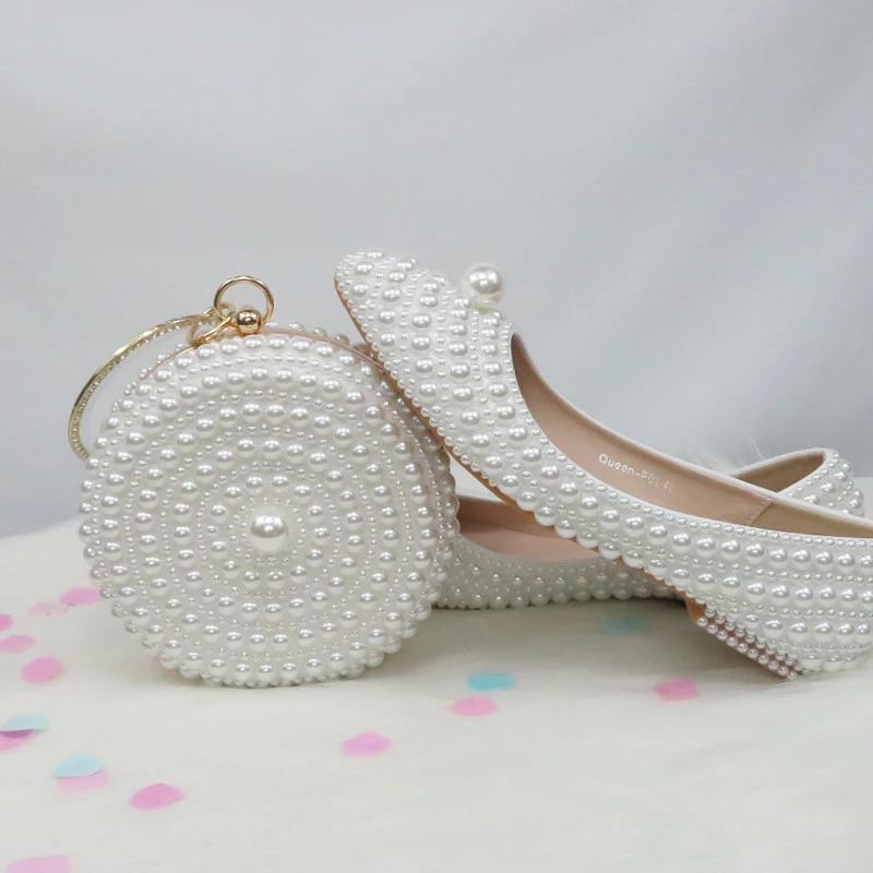 BaoYaFang New Arrive White Pearl Wedding Flat Shoes With Matching Bag Bride Pointed Toe Party Dress Shoes Woman Big Size Flat