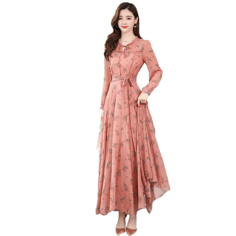 2024 Autumn Women's Dress Fashion Elegant Vintage Printed Long Skirt Bow Party Commuter Holiday Long Sleeve Slimming Dress Women
