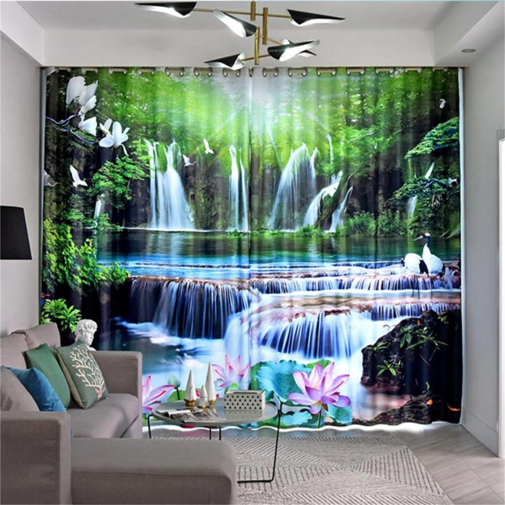 

Photo green landscape waterfall curtains 3D Curtains for Living Room Bedding Room Hotel Drapes Cortinas