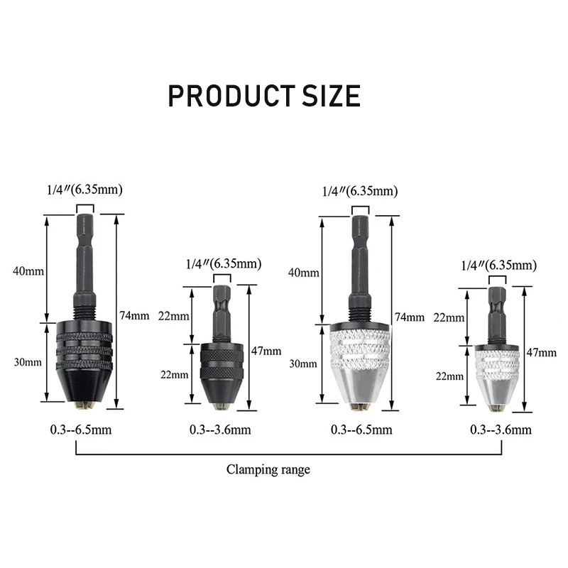 Hex Shank Keyless Drill Chuck 0.3mm-3.6mm 0.6mm-6.5 Mm Clamping Range Driver Tool Accessories Easily Into The Power Drill Driver