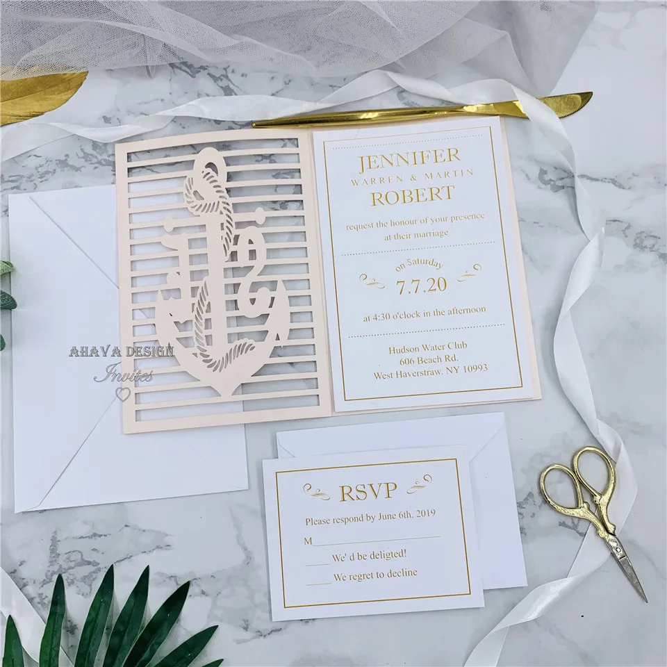 

Special Blush Laser Pocket Wedding Invitation Suite, Quinceanera Invites, DIY Beach Wedding Invitation
