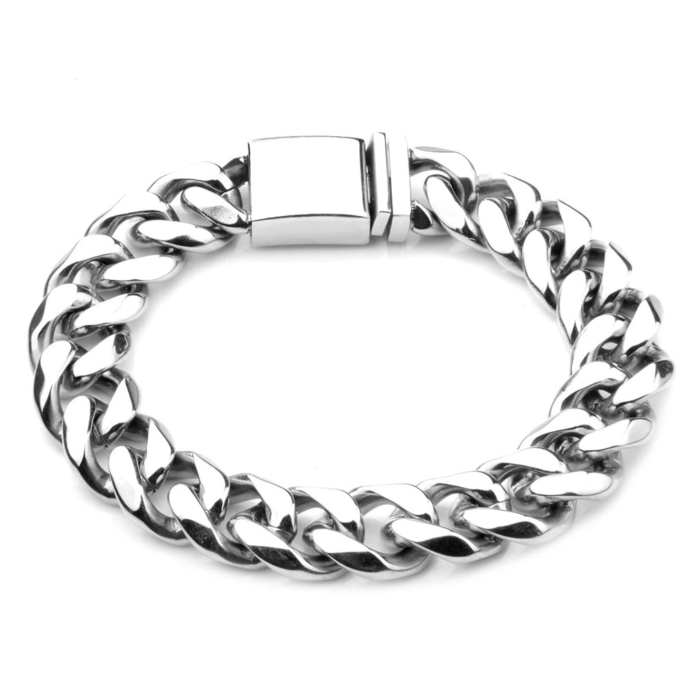 Punk Stainless Steel Bracelets Silver Color Fastener 14.5MM Width Punk Curb Cuban Link Chain Bracelets New Trendy For Men