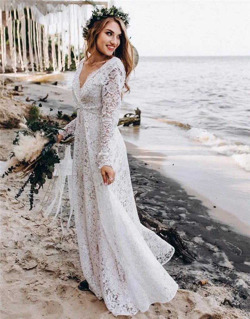 Robe De mariée en dentelle, style Boho, col en v, dos nu, ligne a, manches longues, robe De plage, grande taille