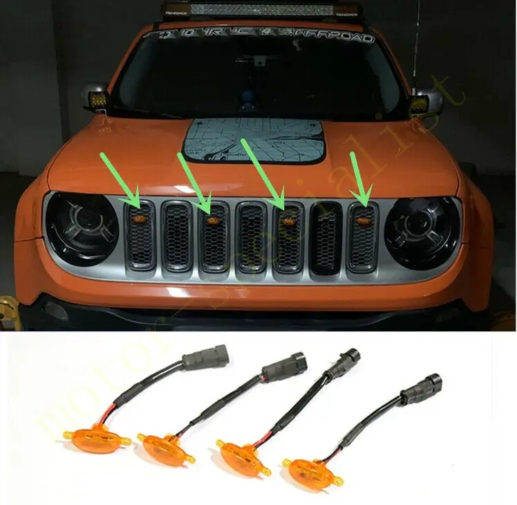 

LED Car Front Grille LED Amber Light Raptor Style Light Kit Decor W/ Wire Speed 4Pcs For Jeep Renegade 2015-2021