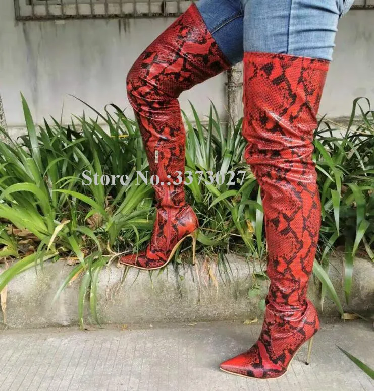 

New Sexy Snakeskin Leather Thigh High Boots Women Fashion Pointed Toe Metal Stiletto Heel Over the Knee Long Boots Real Photos