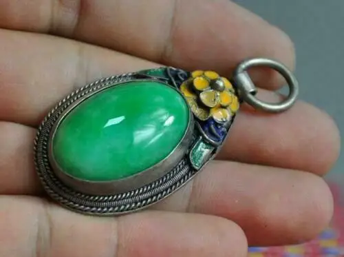 Collect Chinese Tibet silver Cloisonne inlay jade flower statue Pendant