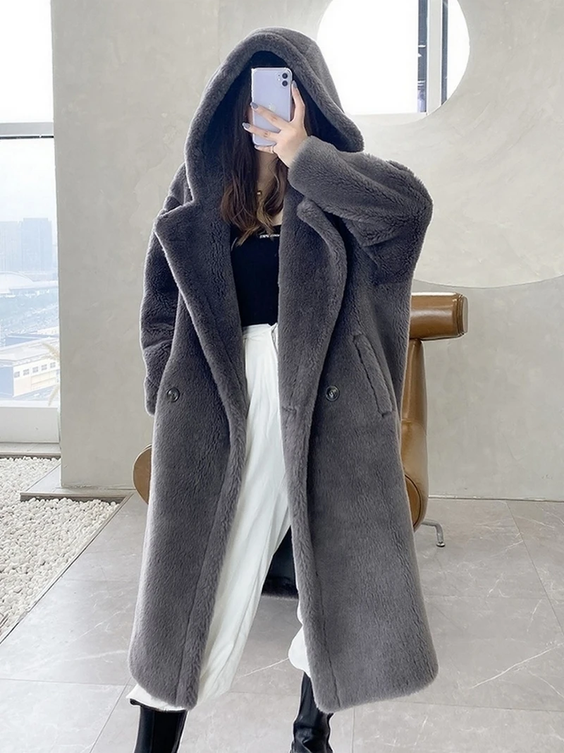 2021 New Winter Teddy Bear Coat Female Double Face Fur Clothing Medium Long Lamb Fur Overcoat with Hood Warm Fashion