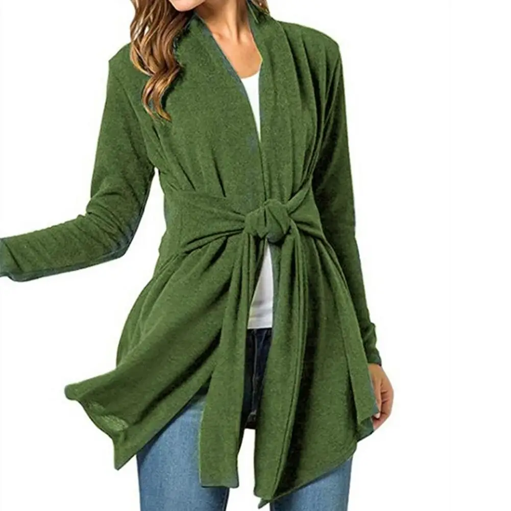 Women's Long Sleeve Tie Up Women Wrap Cardigan Autumn Elegant Solid Color Casual Slim Elastic Irregular Hem Women Office Top