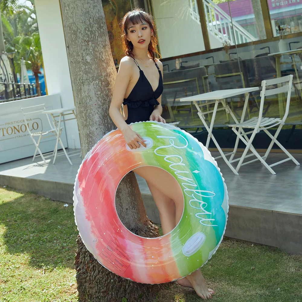 Rainbow Pool Foats Swimming Ring Adult Children Inflatable Pool Tube Giant Circle Thickened Float Water Fun Toy Swim Laps Gifts