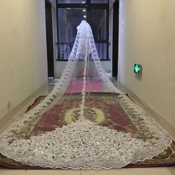 스파클링 스팽글 신부 대성당 신부 베일 레이스 가장자리 1 레이어 금속 빗 5 미터 긴 웨딩 베일 웨딩 액세서리