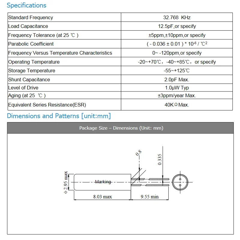 10Pcs/Lot 2Pin 3080 32.768KHz 32.768 KHZ 32.768K Frequency Resonator Oscillator Quartz Crystal Cylender 3*8mm 12.5PF ±5PPM