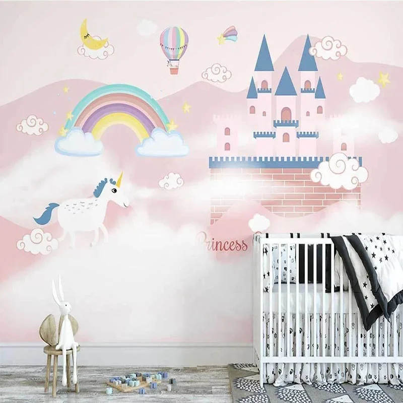 

Kid's Bedroom Home Decor Mural Wallpaper 3D Pink Castle Hot Air Balloon Children's Room Background Wall Stickers Wall Covering