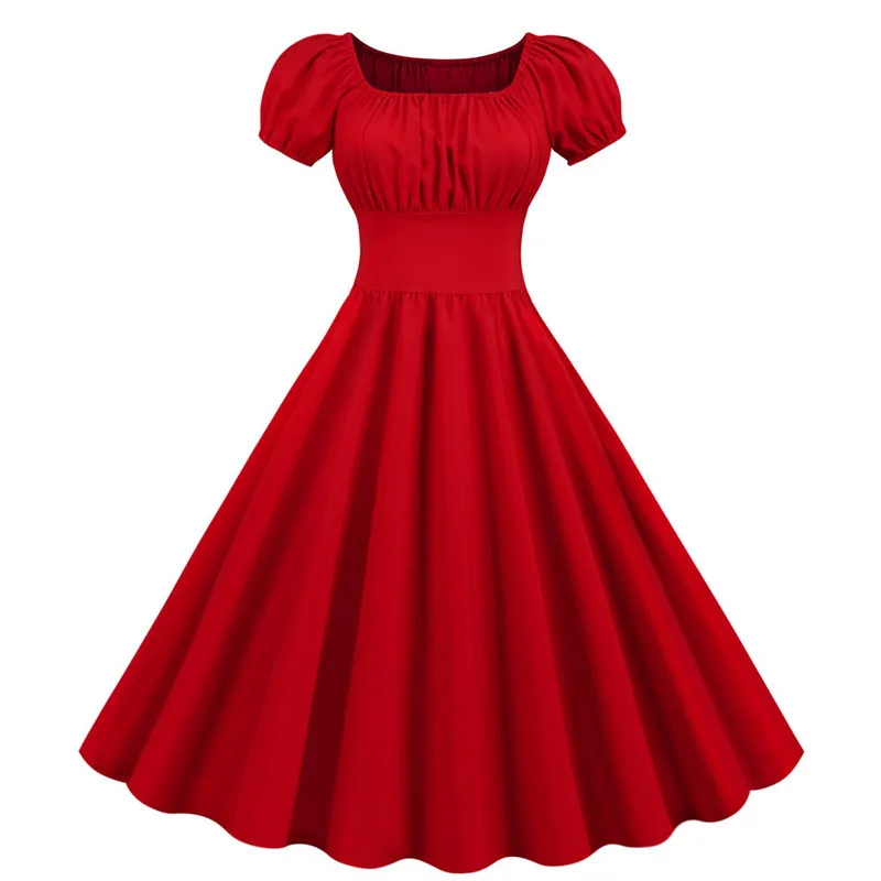 Damska sukienka w stylu vintage szata elegancka impreza na co dzień biurowa sukienka Midi Femme letnia bufiasta rękaw kwadratowy kołnierzyk solidna czerwień