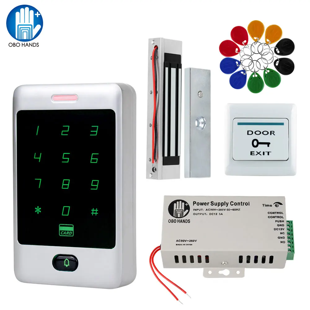 Complete Door Access Control System Kit Metal Touch RFID Keypad Electronic Magnetic Lock Power Supply With 125KHZ Key Cards 8000