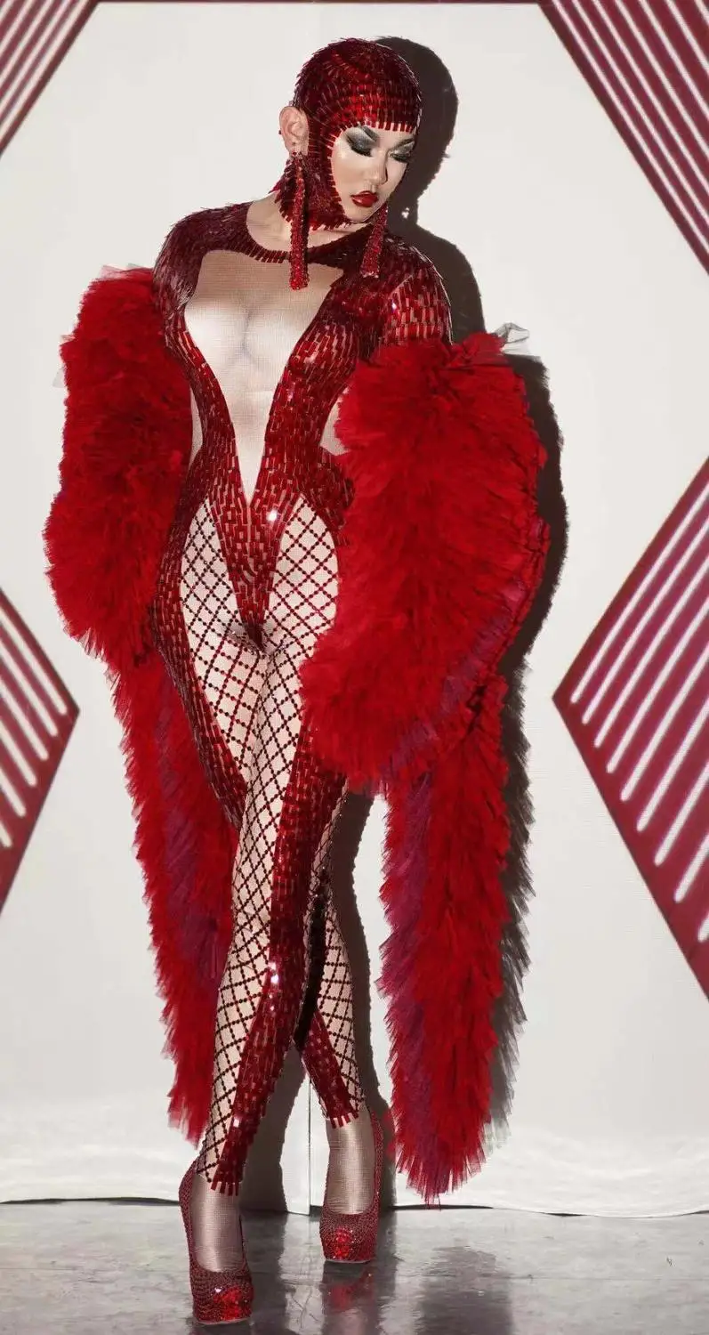 สีแดงเต้นรําjumpsuitนักร้องเซ็กซี่เวทีเครื่องแต่งกายเสื้อพรรคสาวสวมใส่ดีเจไนท์คลับชุด