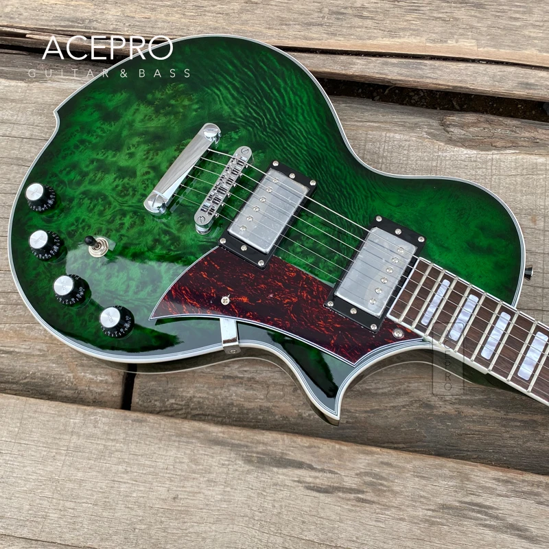 Grote Electric Guitar, Transparent Green Burl Maple Top, Red Tortoise Pickguard, Chrome Hardware, Free Shipping