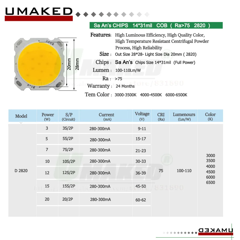 10szt LED COB 3W 5W 7W 12W 15W Ra75 110lm/w Stały prąd 300mA 3000k-4000k-6000K 2011 2820 San An\'s Chip Light Bead Źródła