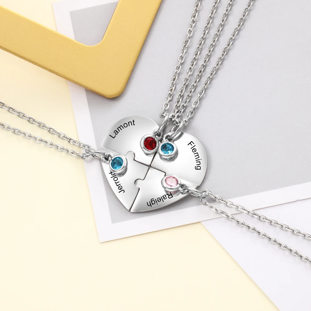 Personalized Stainless Steel Heart Shaped Friendship Necklace with Birthstone Customized Engrave Name BFF Necklace for 4 Friends