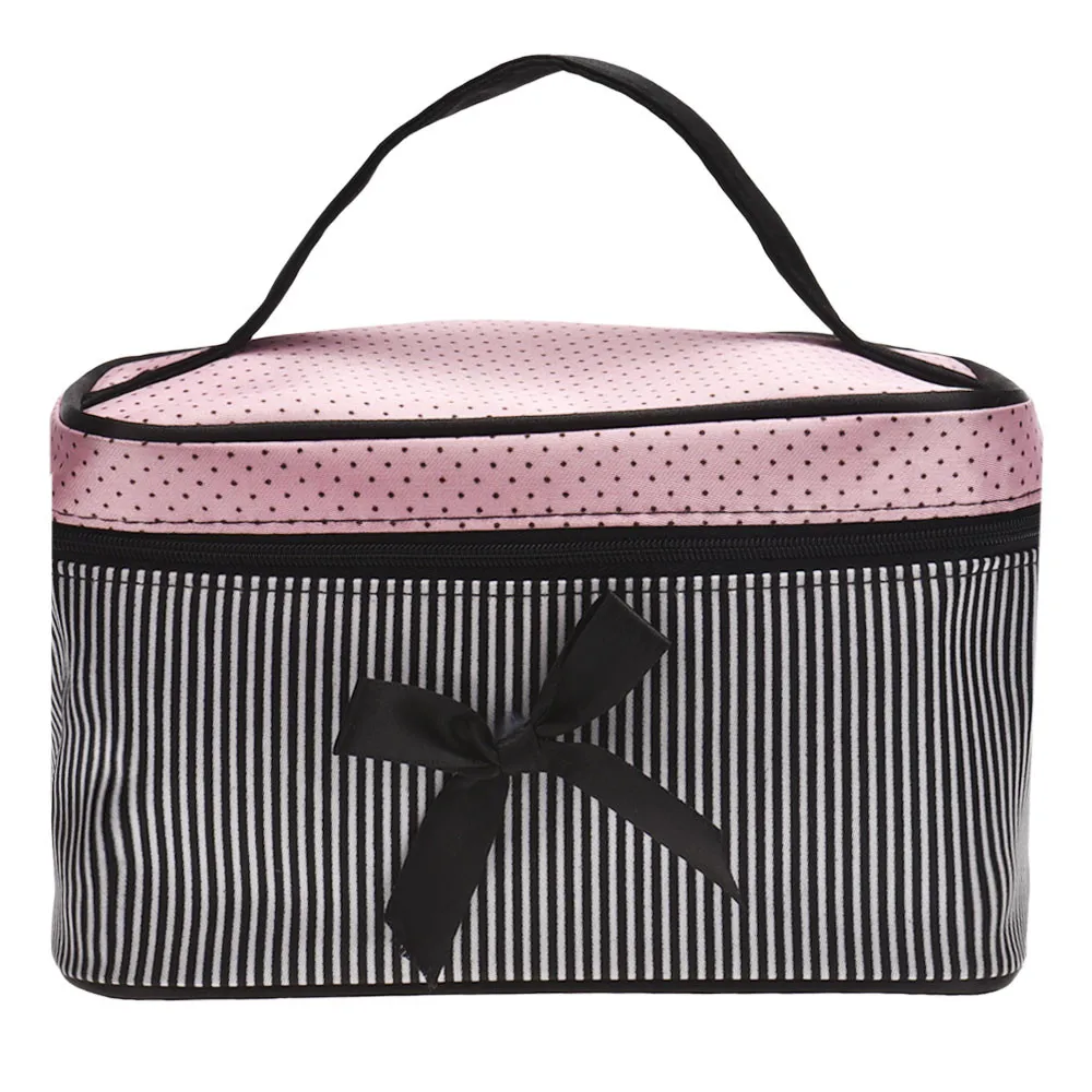 Women Travel Bow Stripe Make Up Bags Girl Cosmetic Bag Makeup Beauty Bra Wash Organizer Toiletry Pouch Storage Kit Bath Case