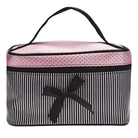 Bolsas de maquillaje a rayas con lazo para mujer, neceser de viaje para chica, sujetador de belleza, organizador de aseo, Kit de almacenamiento, estuche de baño