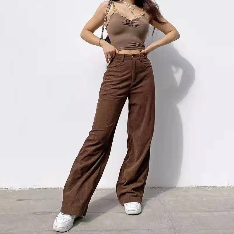 2021 New Retro Casual Woman Corduroy Ultra Light Core Velvet Brown Women Bottoms Pants Street Style Comfortable Wide Leg Pants