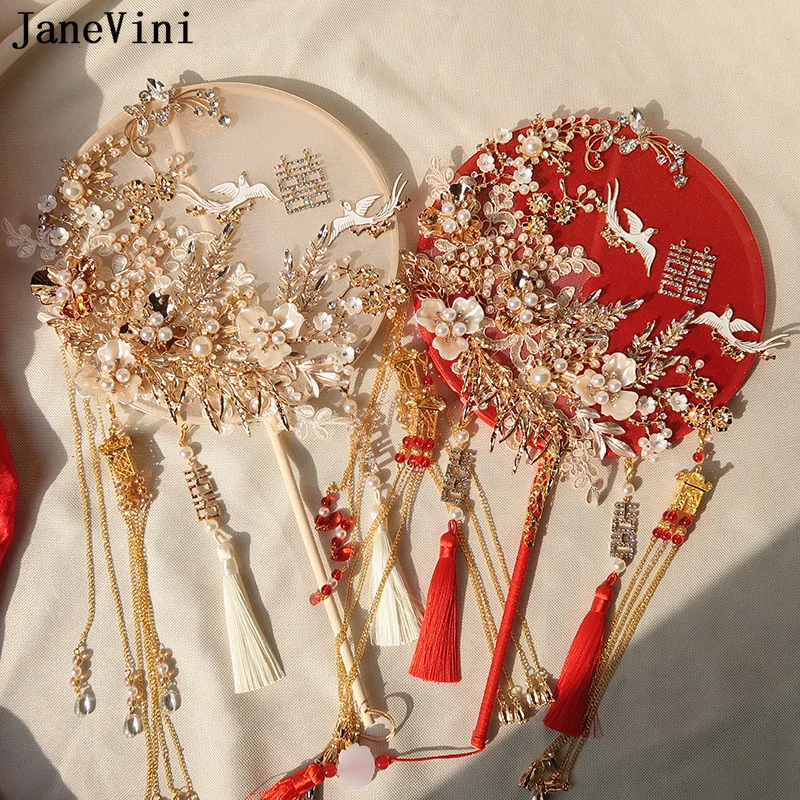 JaneVini Shiny Rhinestone Pearls Chinese Bridal Fan Ancient Long Tassel Wedding Bouquets Handmade Round Appliqued Bride Flowers