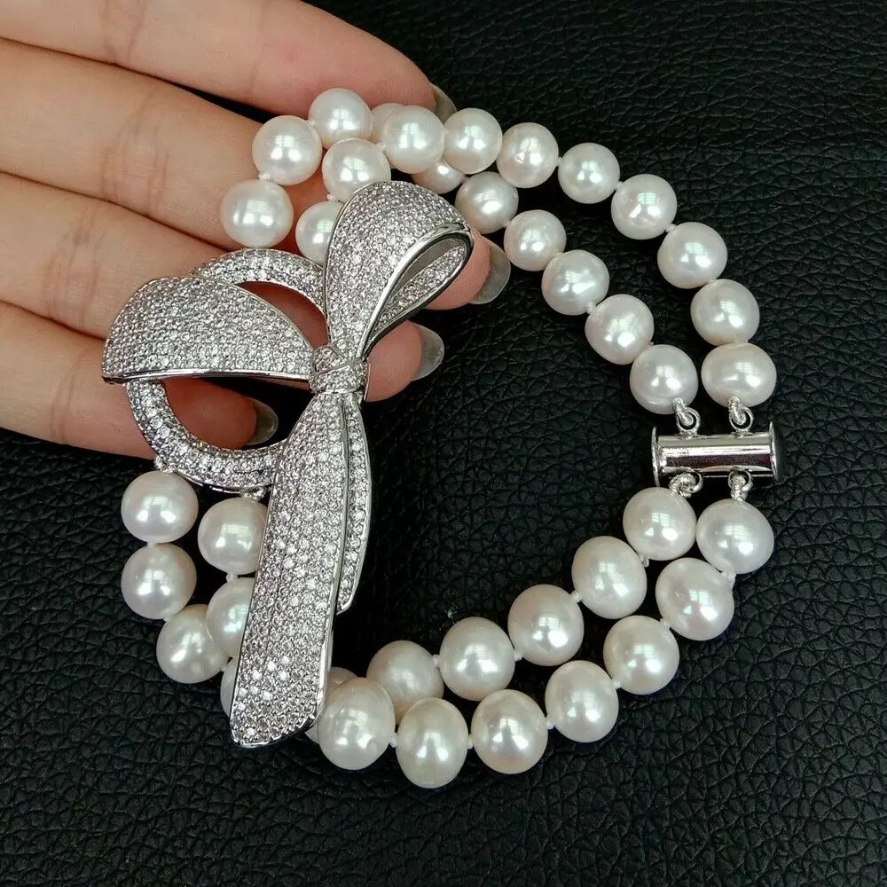 8'' White Bowknot inlay zircon Pave Connector 2rows 8-9MM White Pearl Bracelet