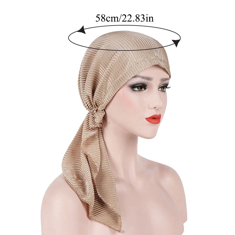 Fashion Pleated Women Muslim hijabs Solid Color Head Scarf Turban Bonnet Islamic Headwrap underscarf Ladies Pre-Tied Hijab caps