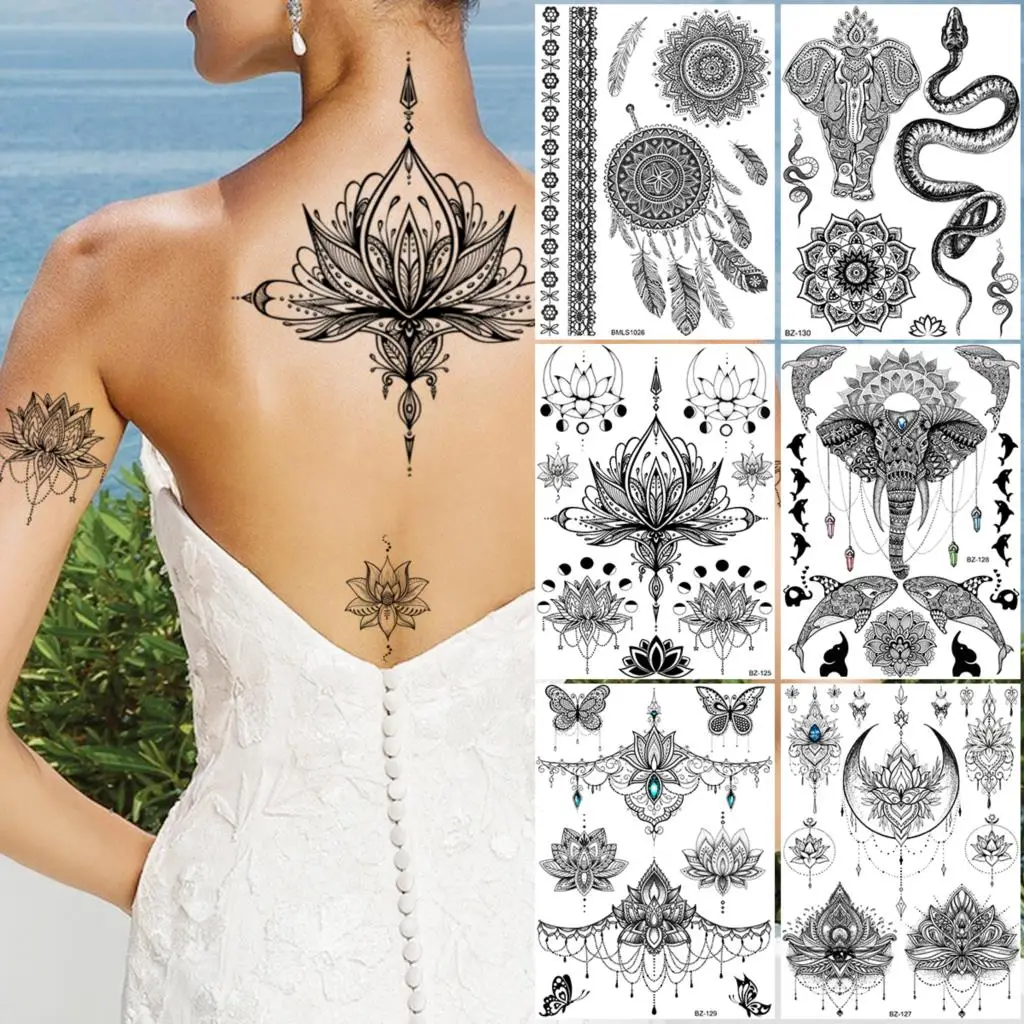 Henna Lotus Temporary Tattoos For Women Adults Snake Elephant Dream Catcher Whale Mandala Fake Gem Tattoo Sticker Back Tatoos