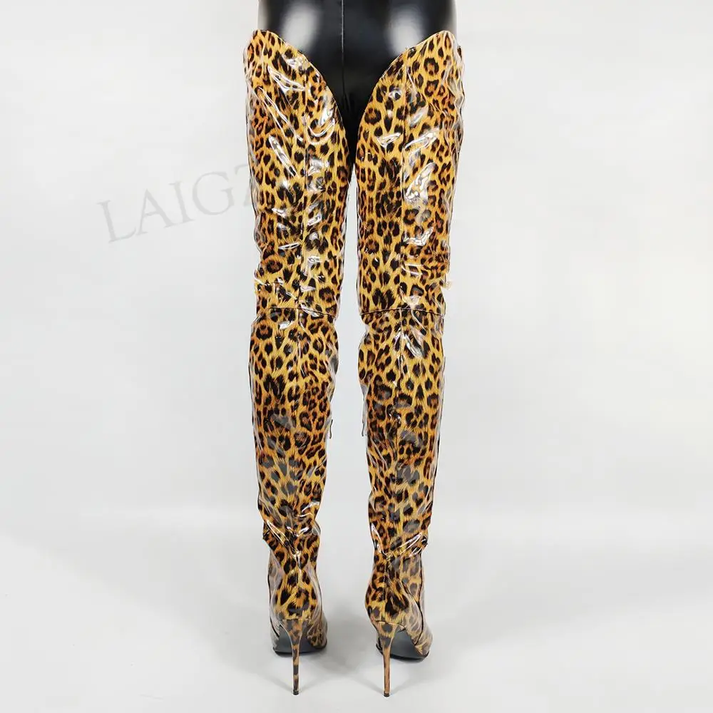 SEIIHEM Patent Women Thigh High Boots Leopard Slim Heels Side Zip Over Knee Boots Party Prom Shoes Woman Large Size 36 43 44 47