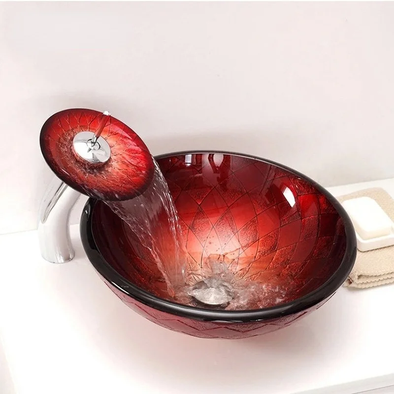 

Bathroom Round Tempered Glass Sink Cloakroom Counter Hand Paint Top Washbasin